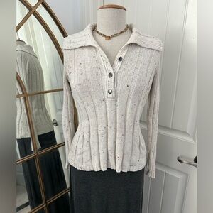 Liz&Co Y2K silhouette Speckled Cream Knit Sweater w/ Sailor Collar Petite Small
